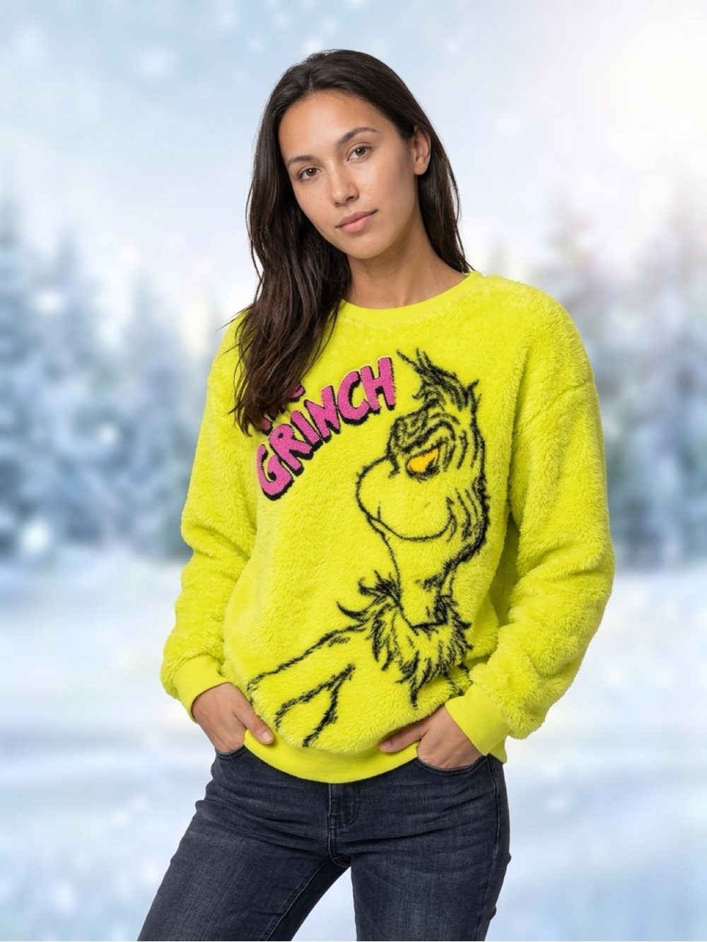 LUC women L The Grinch Fuzzy Crewneck Sweater - neon green